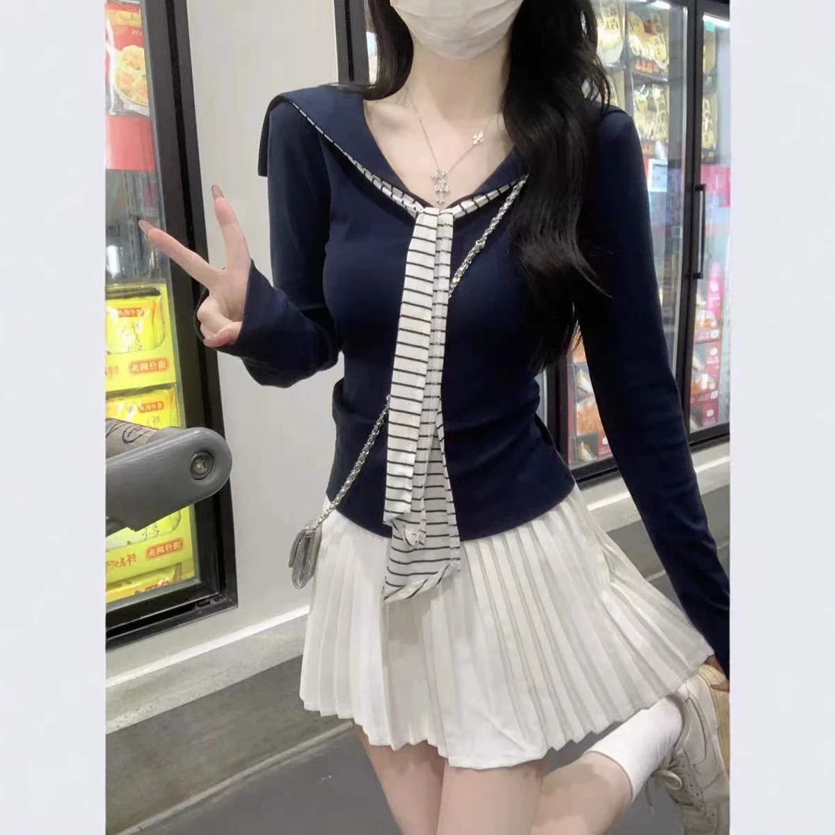 Casual Knitted Long Sleeve Navy Collar T-Shirt Women's Autumn Korean Style College President Slimming Versatile White Top