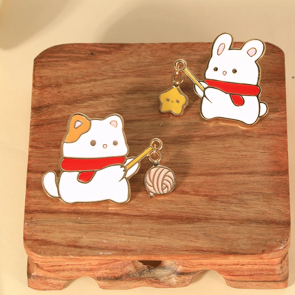 4 Styles Girls Cartoon Animals Carrying Lanterns Design Enamel Pins Cute Star Firecracker Wool Ball Charms Brooches