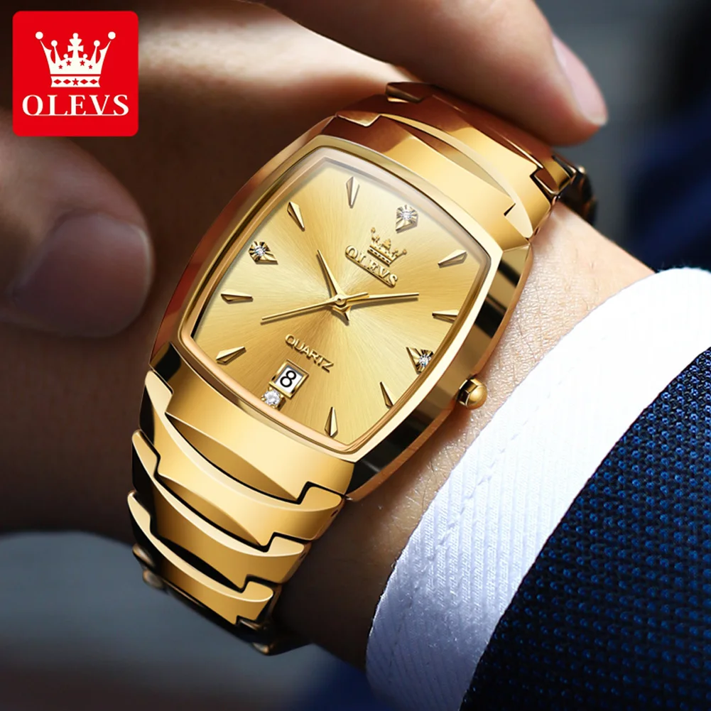 OLEVS Gold Tungsten steel Quartz Watch for Men 43mm Square Dial Business Luxury Wristwatch Waterproof Men\'s Watches