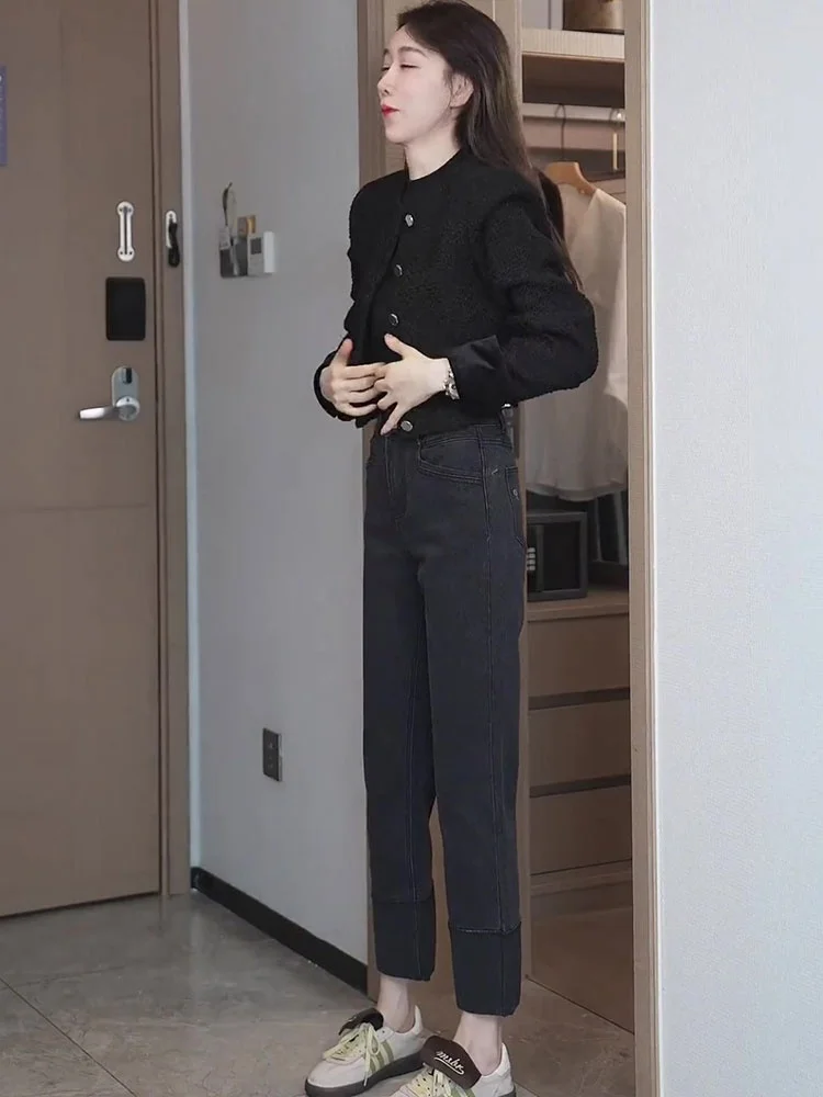 

Oajer Flagip Store Women's High Waist Straight Leg Jeans Autumn Collection Euro Flip Cuff Trendy Ladies Premium Denim