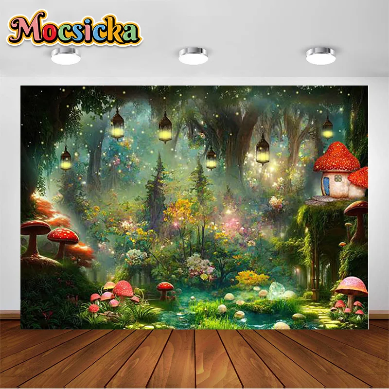 MOCSICKA Fairy Tale Forest Photography Backdrop Mushroom House Tree Fireflies Boys Birthday Decor Banners Kids Photo Background