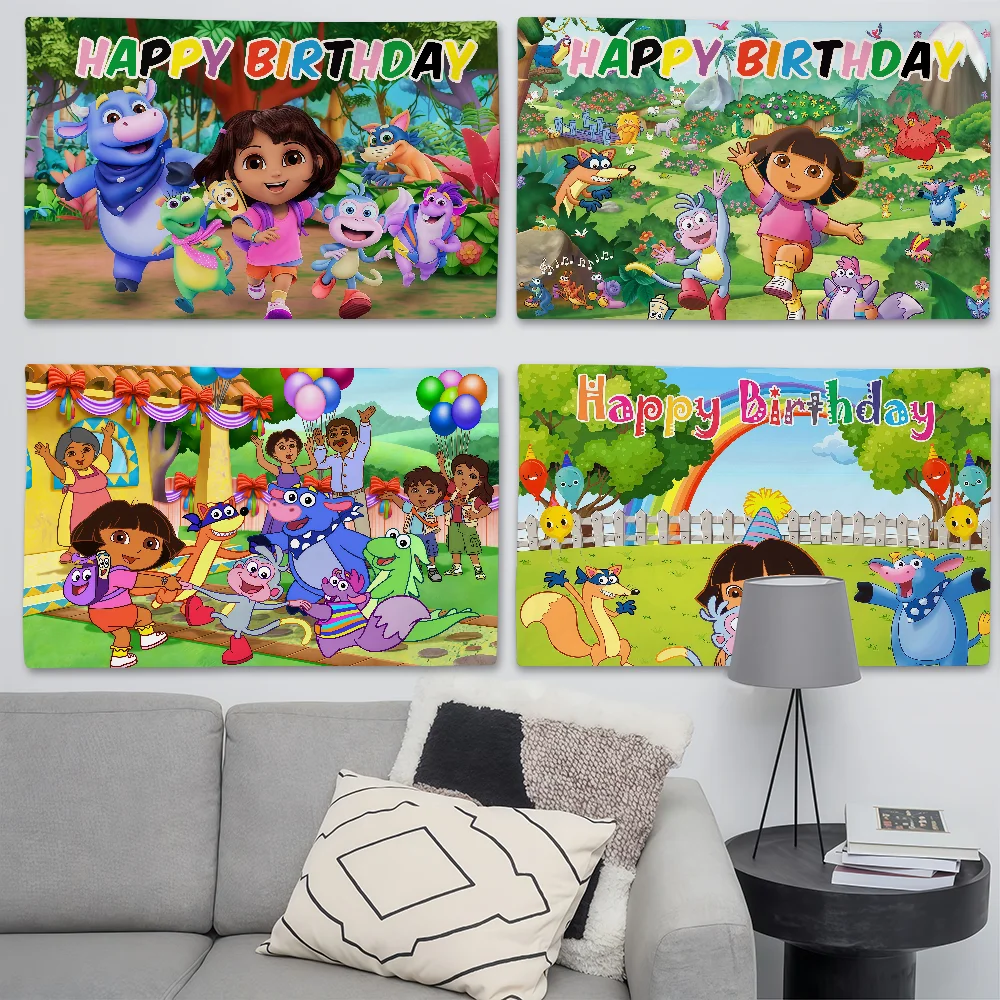 Bandera de aventura de Dora la Exploradora de dibujos animados, adecuada para fiestas de cumpleaños, sala de estar, dormitorio y decoraciones para acampar al aire libre