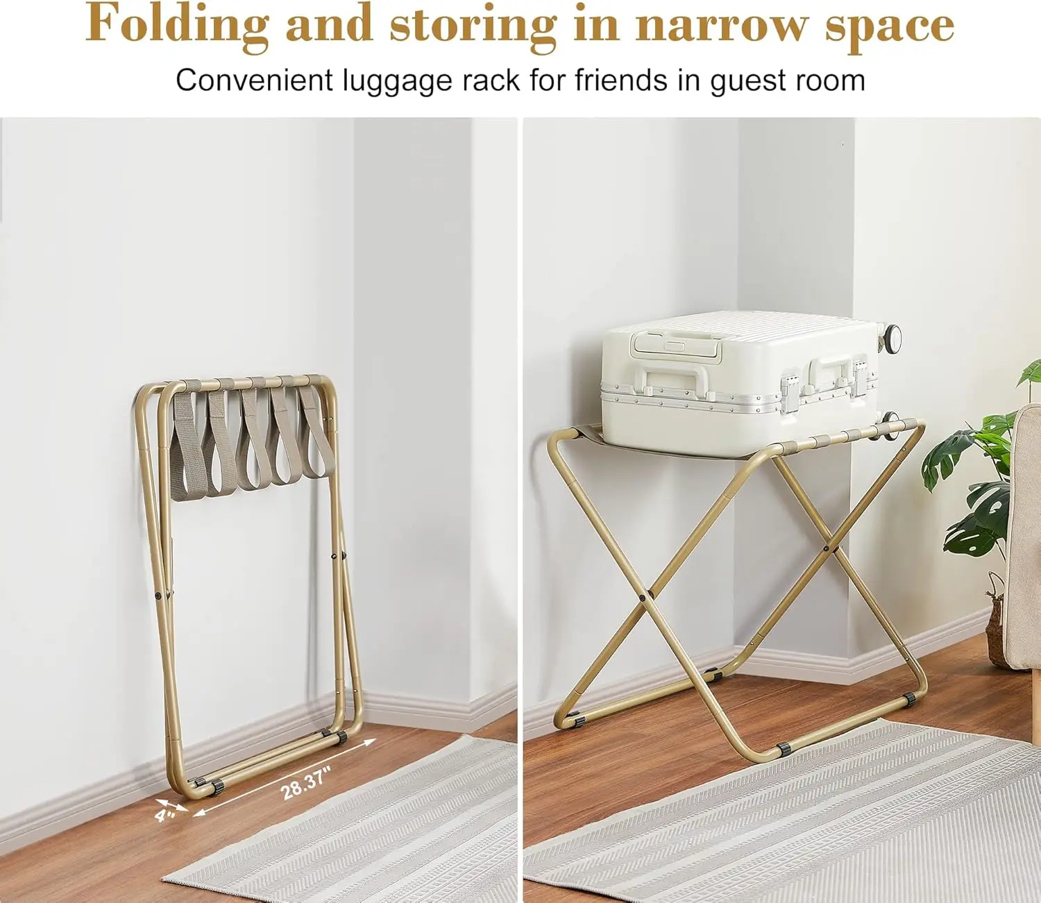 객실용 수하물 선반 2팩, 접이식 여행 가방 스탠드, 헤비 듀티 110LBS 하중 베어링 쉽게 수하물 홀더 조립, 골드