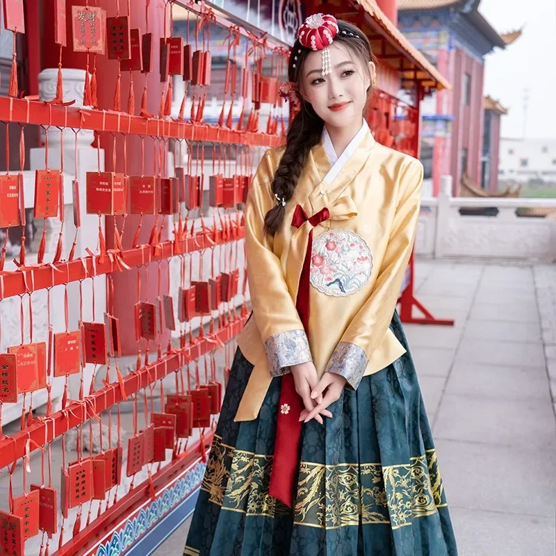 New Women Red Cyan Traditional Korean Hanbok Ethnic Ancient Costume Fashion Dance Outfit For Stage Performance Party Show