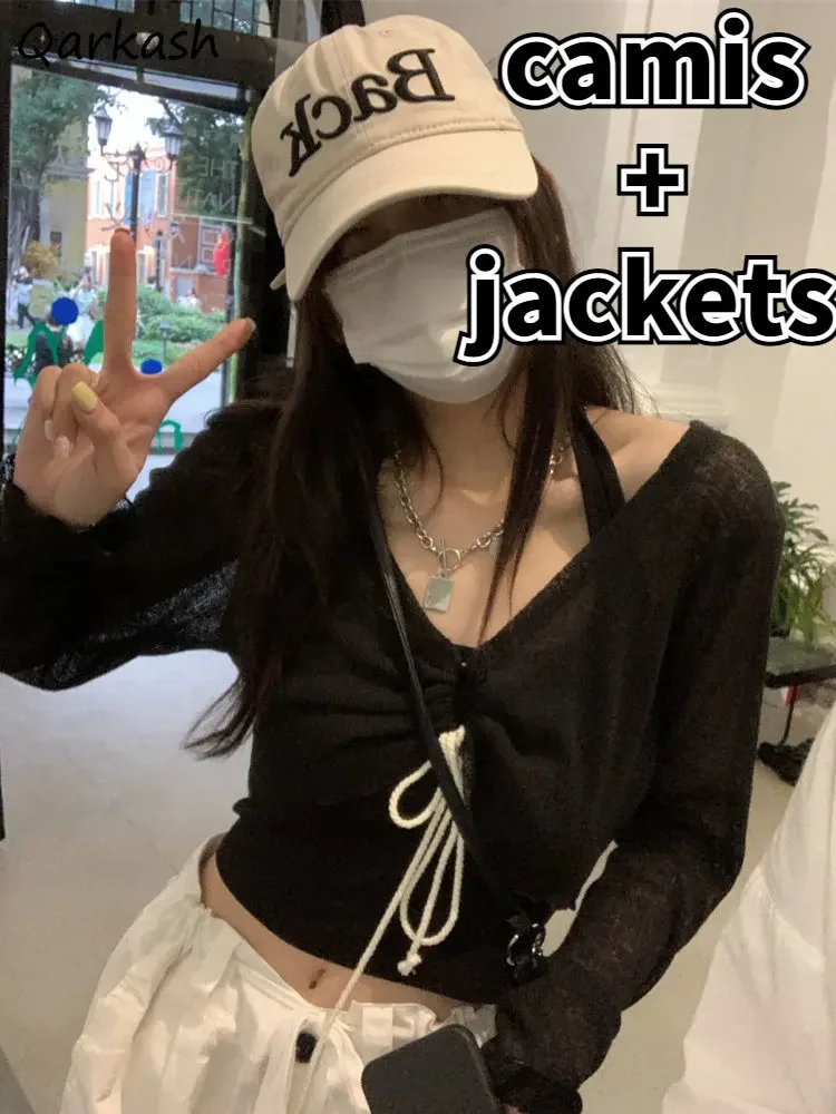 

Женские комплекты из 2 предметов, майки с открытой спиной и лямкой на шее, солнцезащитные укороченные куртки, сексуальная летняя элегантная винтажная уличная одежда, Harajuku Chic, новинка 2023 года