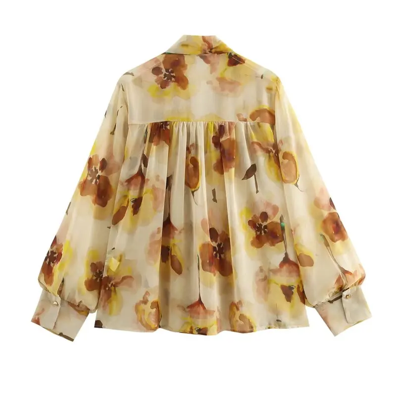 Csa Fena de Manga Longa Semi-Transparente com Estampa Floral Primavera 2025, Gola Dobrável, Nova Chegada, Ajuste Solto...