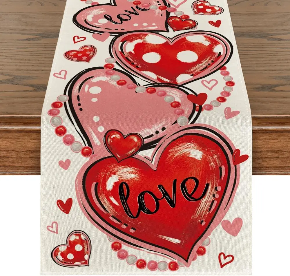 Valentine's Day Red Love Heart Linen Table Runner Party Decor Anniversary Kitchen Dining Table Runner Wedding Decorations