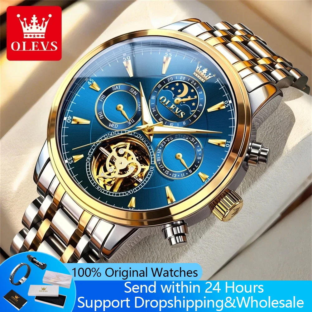 

OLEVS 6746 Automatic Men's Watches Skeleton Tourbillon Style Mechanical Wristwatch Luxury Moon Phase Calendar Business Man Watch