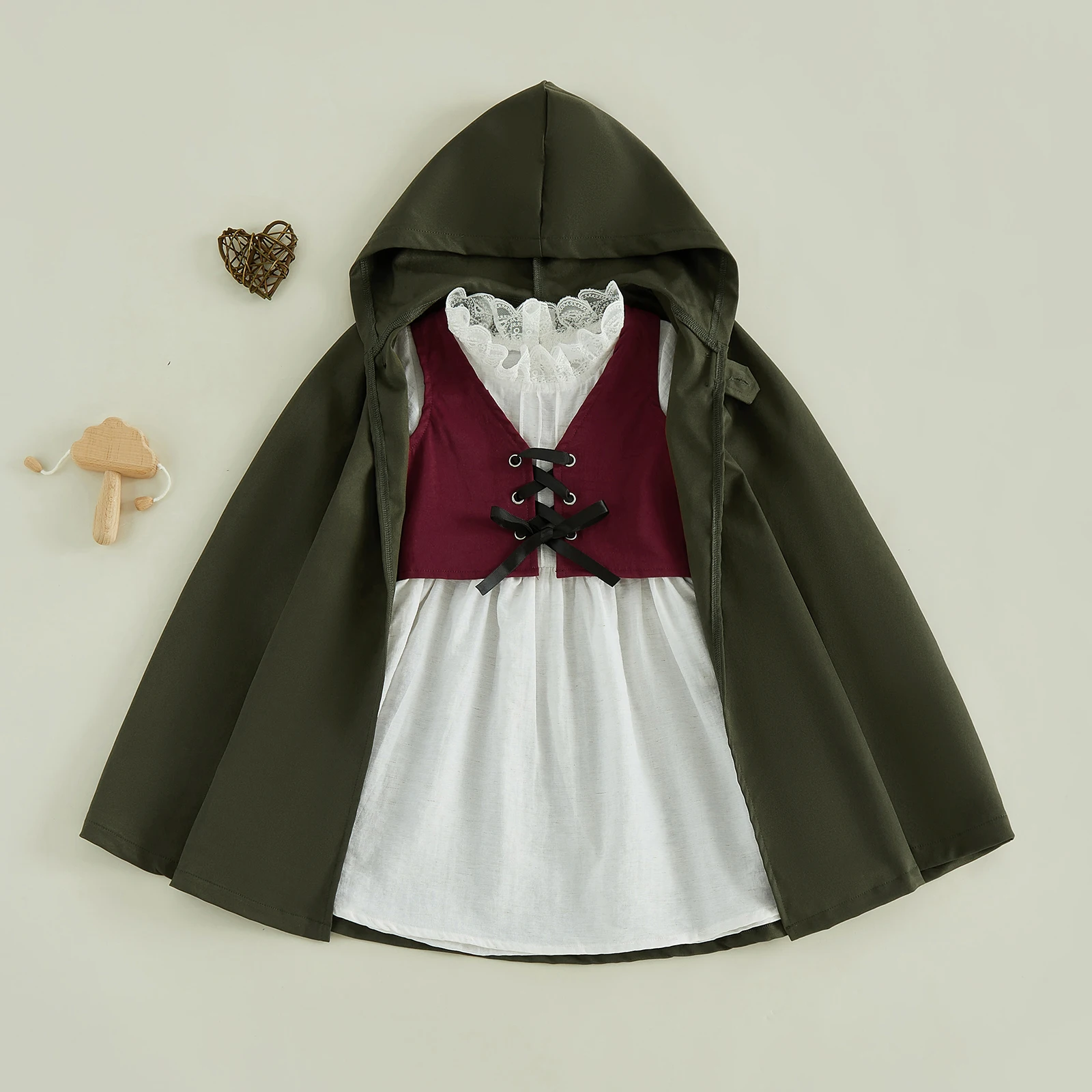 Kids Girls Halloween Costume Medieval Woodland Long Sleeve Lace Trim Dress with Vest Cloak Holiday Cosplay Outfit Set
