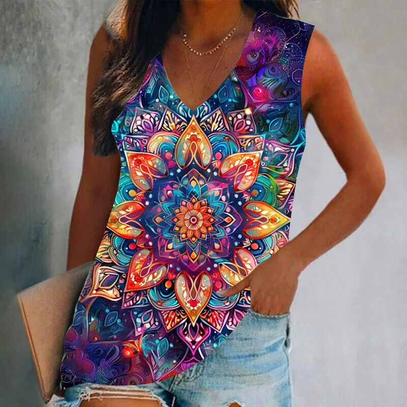 New Mandala Tank Top Datura Flower 3D Print Women Casual V Neck Sleeveless Streetwear Camisoles Off Shoulder Vest Woman Clothing