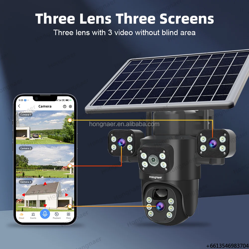 Hongnaer 12MP 2.4G 5G WiFi6 Wireless Solar Power PTZ Camera Eseecloud 3 Lens Outdoor WiFi Security 4G Sim Card CCTV Solar Camera