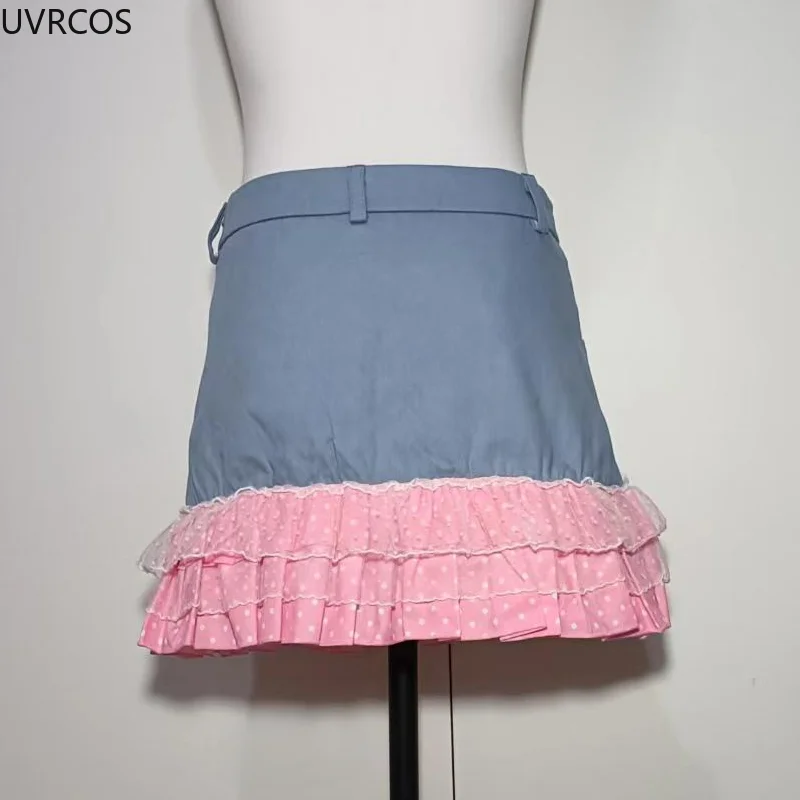 Harajuku Y2k Lolita Style Denim Skirts Women Pink Lace Polka Dot Ruffles Pleated Short Skirts Japan Sweet Party Mini Cake Skirt