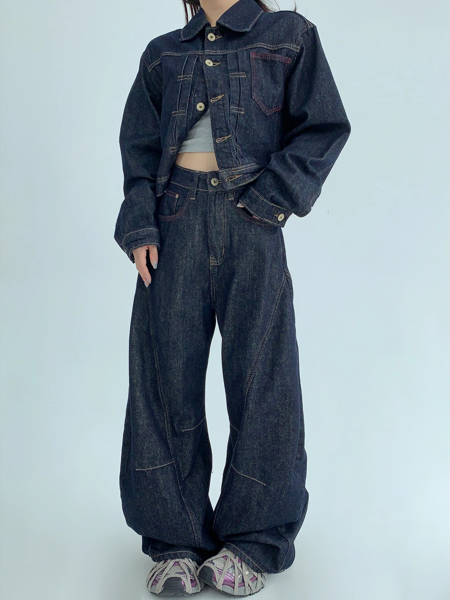 

Ретро американские винтажные прямые джинсы оригинального цвета, женские свободные драпированные повседневные прямые брюки, длинные брюки