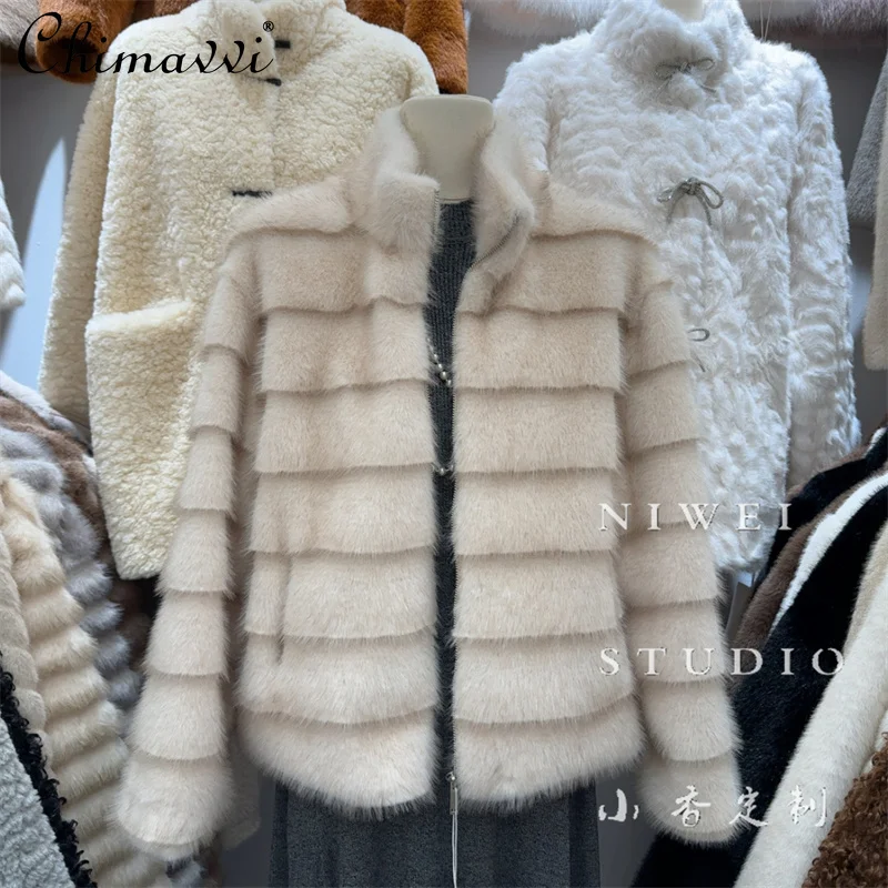 

2025 зимняя новая высококачественная модная теплая шуба в Корейском стиле ретро из искусственного норкового меха с воротником-стойкой, экологически чистая меховая куртка, женский топ