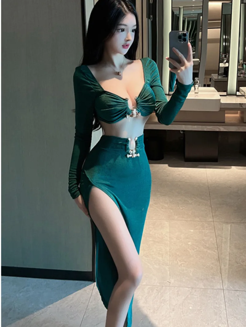 

Underwear New Sexy Strapless Long Sleeved Hollowed Out Long Two Piece Skirt Set Bandage Off Shoulder Top Fashion Sweet HS88