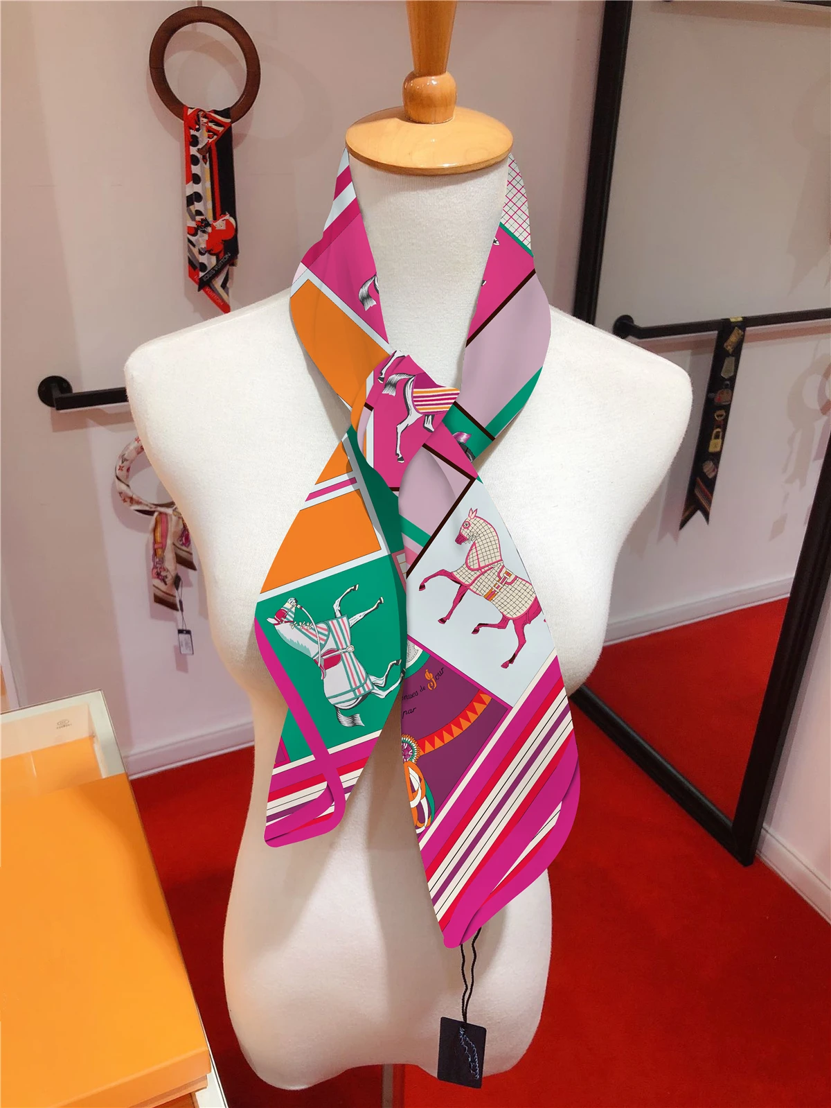 90cm Classic Checkered Horse Brand Square Scarf Women Twill Silk Scarf Shawl Hijab Luxury Bandana Foulard Neckerchief Head Scarf