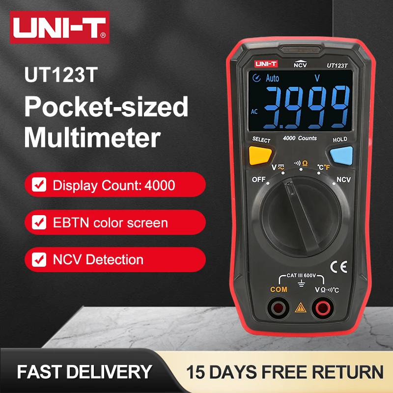 UNI-T Mini multímetro Digital de bolsillo UT123T EBTN pantalla 4000 recuentos rango automático AC/DC probador de temperatura de resistencia de voltaje