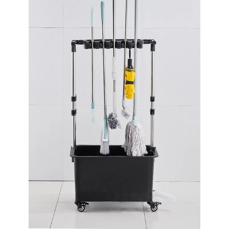 Floor mounted movable mop rack, stainless steel storage rack, broom fixed hanging rack, cleaning tool storage rack