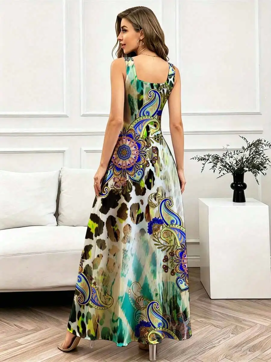 

Floral Leopard Print Sleeveless Maxi Dress Square Neck Boho Long Dress For Women