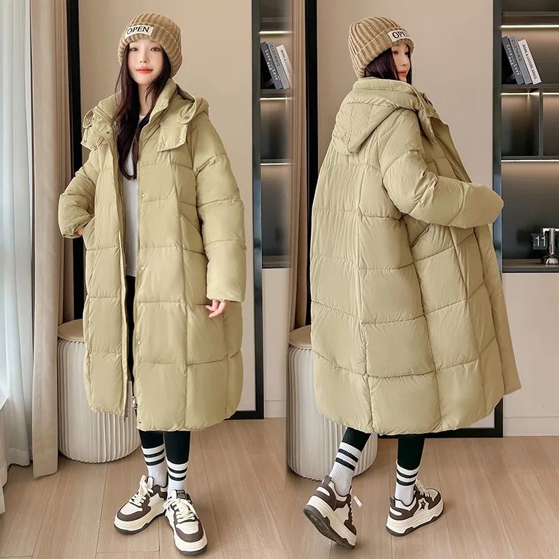 

Long Parkas Coats Women Hooded Overcoat Solid Pocket Zipper Long Sleeve Loose Fit Thick Office Lady Casual 2025 Autumn Winter