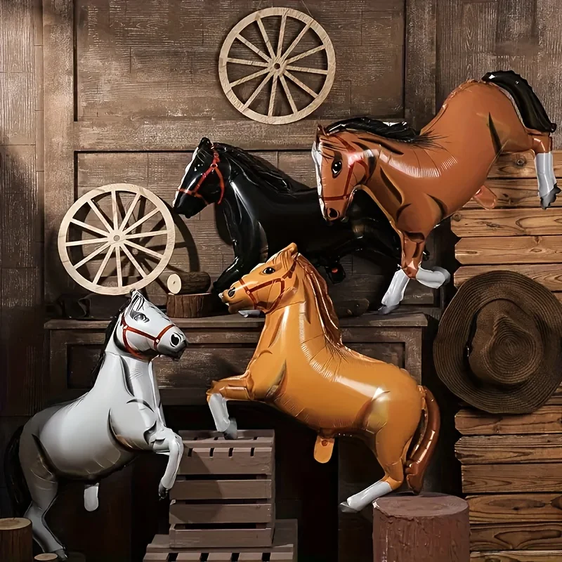 4 ballons de fête sur le thème du cowboy western - Décorations de chevaux en aluminium auto-adhésives, chevaux marron et noirs avec accents dorés, adaptés aux anniversaires, à la fête des pères et aux célébrations estivales