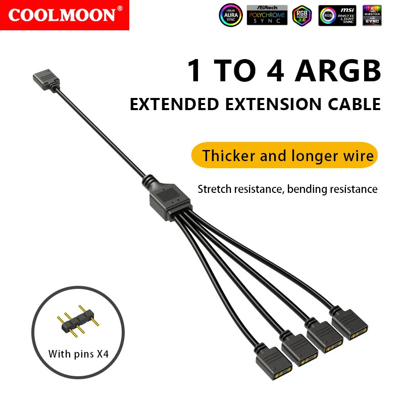 COOLMOON Motherboard 5V 3PIN ARGB Extension Cable Adapter 1 to 2 3 4 RGB Splitter Cable for MSI ASUS ASRock GIGABYTE AURA SYNC