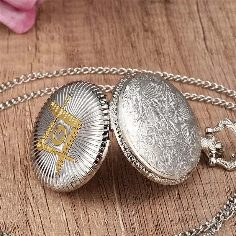 Silver Freemasons G Design Full Hunter Masonic Quartz Pocket Watch for Men Women Sweater Chain Collectable Timepiece Reloj Gift