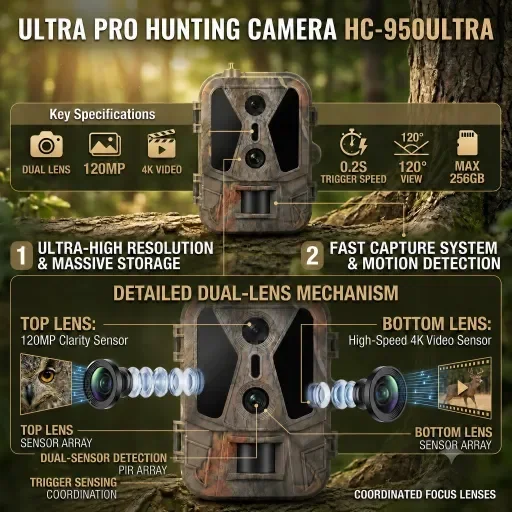Suntekcam Dual-Lens 4G Hunting Camera Built-in SIM Card 4K APP Control with Live Streaming/cloud Optional 8000mAh HC-950Pro-Li