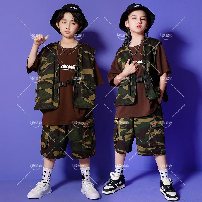 Boys Hip Hop Vest Print T-shirt Girls Camouflage Cargo Shorts Military Street Dance Kids Jazz Clothes Sets Streetwear Costumes