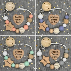 NEW Custom Name Handmade Personalized Beech Baby Pacifier Chain Clip Silicone Bead Holder with Name Teether Pendant Newborn Gift