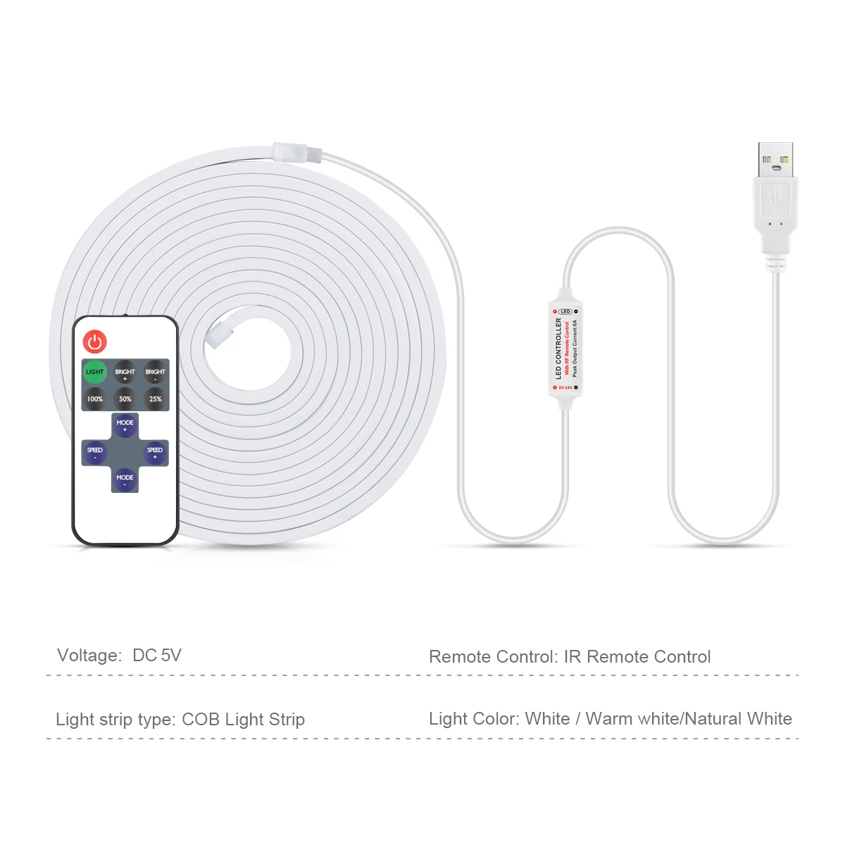 Taśma LED USB COB Neonowe światła z pilotem Możliwość przyciemniania DC 5V 320LED/M Wodoodporna wstążka LED z czystego silikonu do wystroju domu