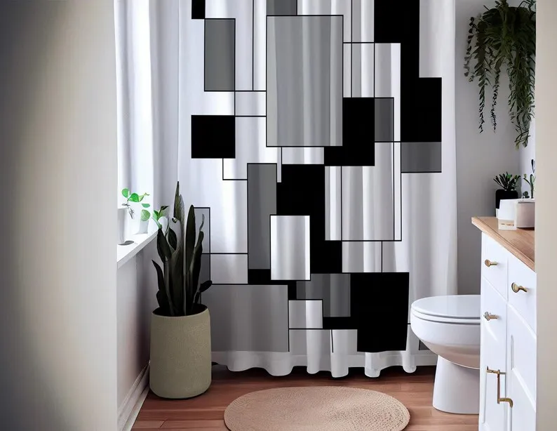 Geometric Shower Curtain with Black Gray Blocks – Abstract Modern Art Bathroom Decor, Waterproof Minimalist Fabric