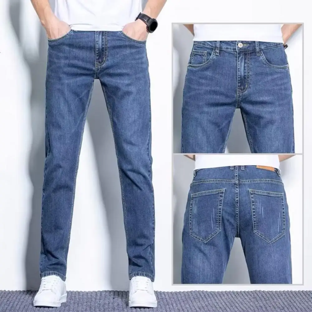 

Denim Fabric Men Jeans Stylish Men's Denim Pants Distressed Small-legged Jeans with Pockets Solid Color Splicing for Everyday