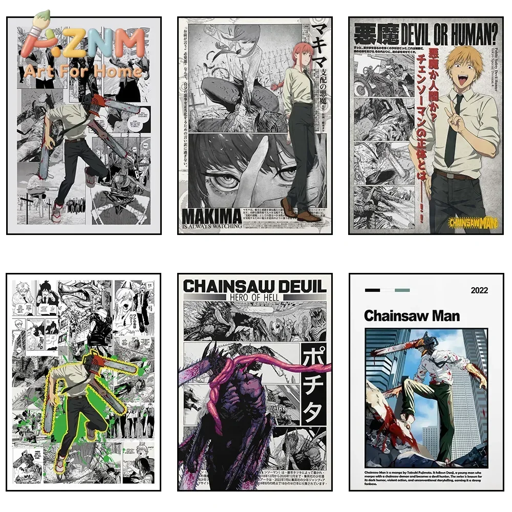 AZNM Chainsaw Man Anime Canvas Wall Art Manga Collage Denji Makima Pochita Canvas Print Bedroom Wall Decor Poster