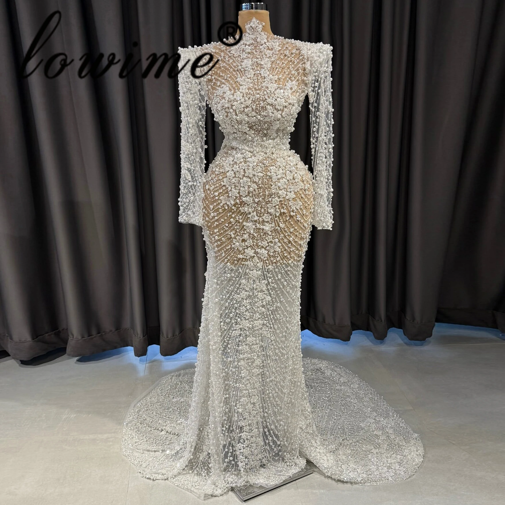 

Elegant Ivory Mermaid Evening Dress Long Sleeve High Neck Prom Dress Exquisite Sequin Pearls Engagement Party Dress Customized
