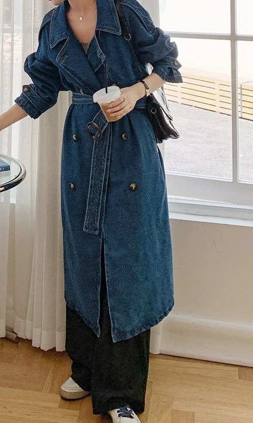 

Minimally Casual Blue Denim Trench Coat for Women 2025 Autumn Mid Length Denim Jacket