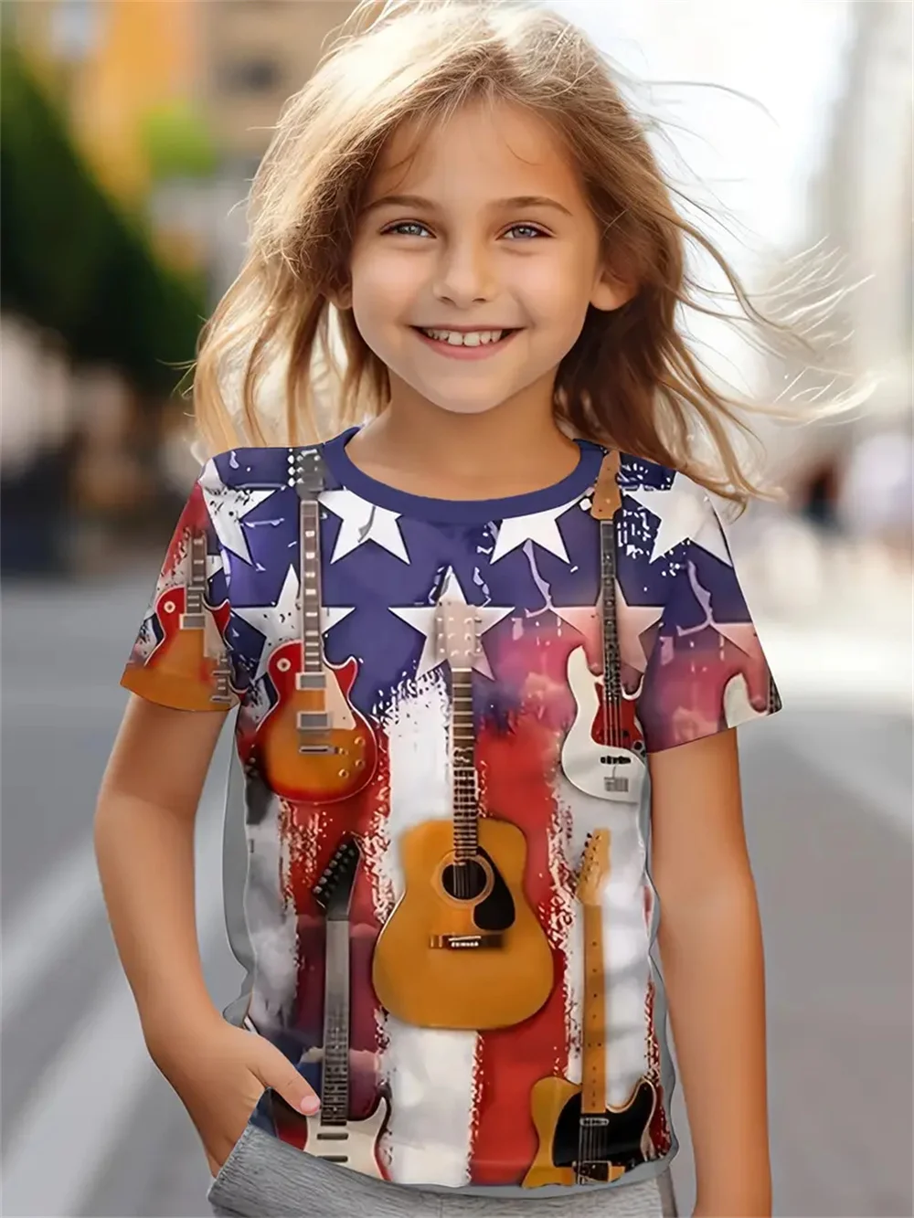 Camisetas de guitarra y música para niñas, camisetas de manga corta con estampado 3d de verano, camisetas informales, ropa para niñas, camisetas para niños