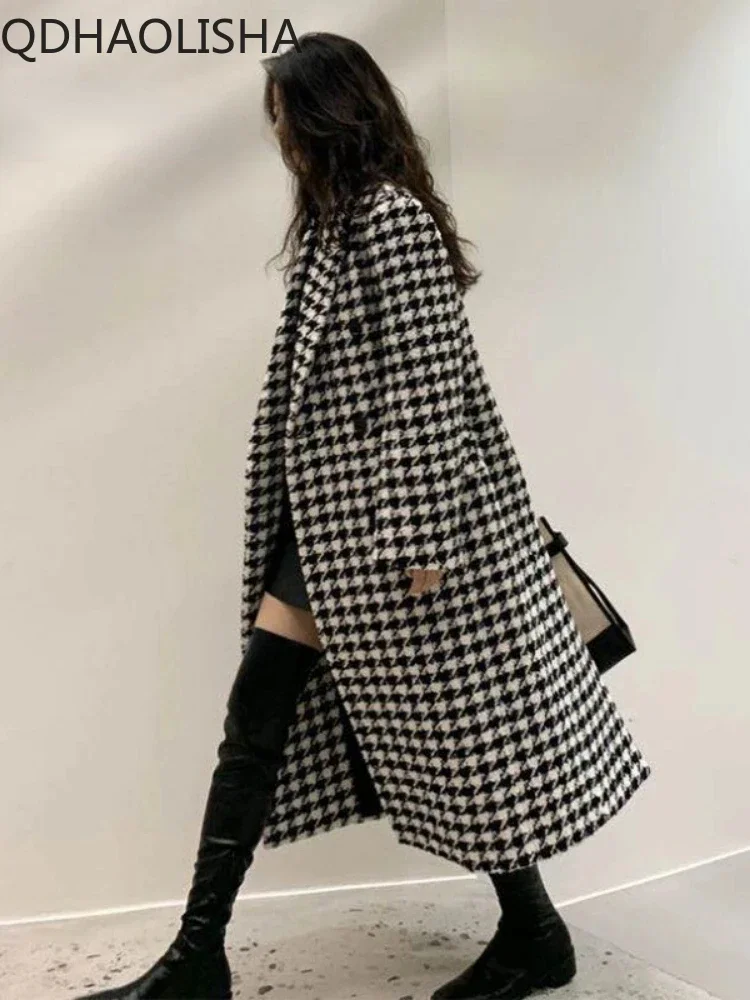 2023 Winter New In Women\'s Wool Jacket Houndstooth Elegant Korean Fashion Overcoat Office Ladies Thick Warm Long Coats for Women