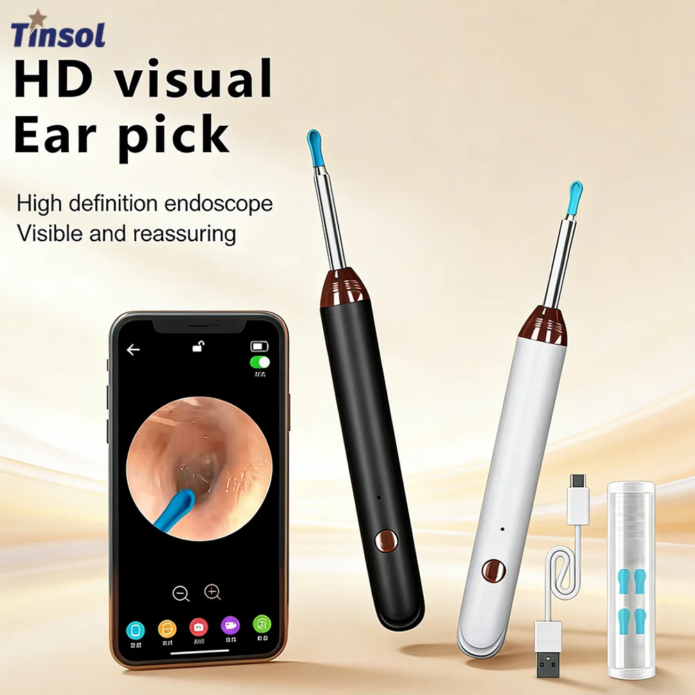 Tinsol 1296P Nettoyeur d'oreilles intelligent visuel, Otoscope, Endoscope, Outil de retrait de cérumen avec caméra et chargement USB-C