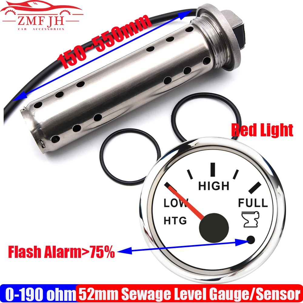 Waterproof 52mm Holding Tank Gauge with Flash Alarm 0~190ohm Sewage Level Sensor Car Boat Red LED Waste Level Meter HTG Custom