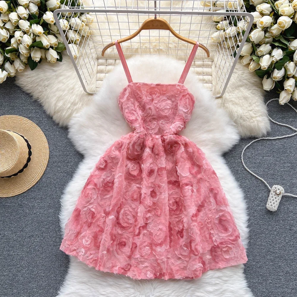 

Elegant Three-dimensional Pink Rose Floral Evening Party Slip Mesh Dress Women Summer Spaghetti Strap Backless Sundress