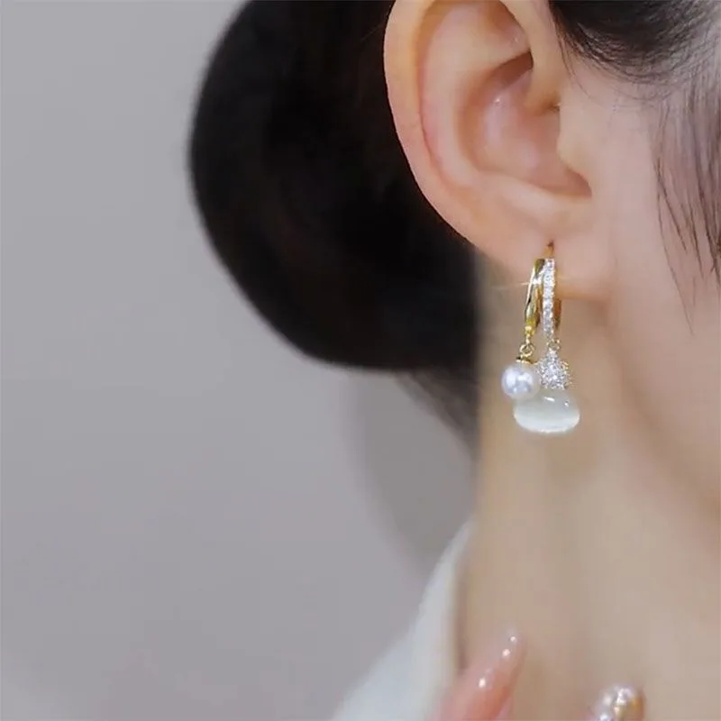 Elegant Delicate Micro Paved Zircon Opal Pearl Pendant Gold Color Earrings for Women Unique Design Sweet Romantic Jewelry Gifts