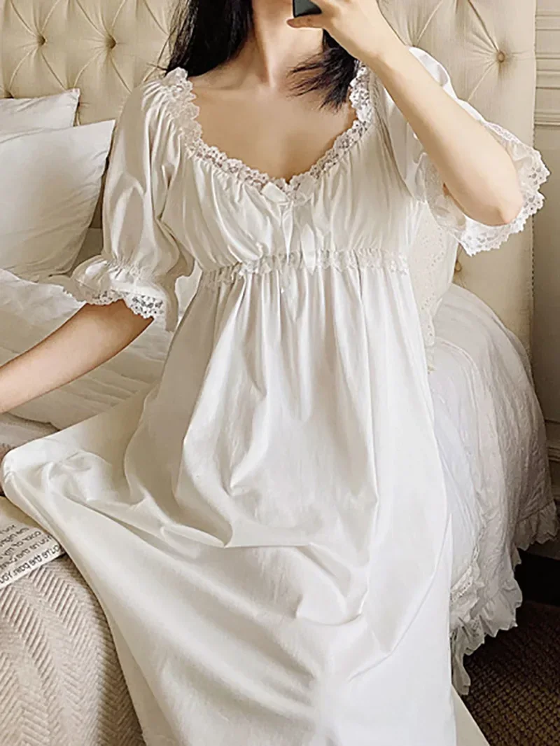 Women Summer Princess Fairy Sweet Nightgowns Pure Cotton Lace Sexy Pajama Vintage Sleepwear Female Victorian Peignoir Nightdress