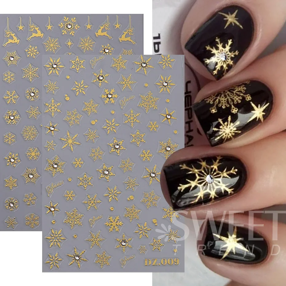 5D Sneeuwvlok Winter Nagelsticker Met Strass Wit Zwart Goud Elanden DIY Kerst Xmas Decal Slider Manicure Kunst Decoratie