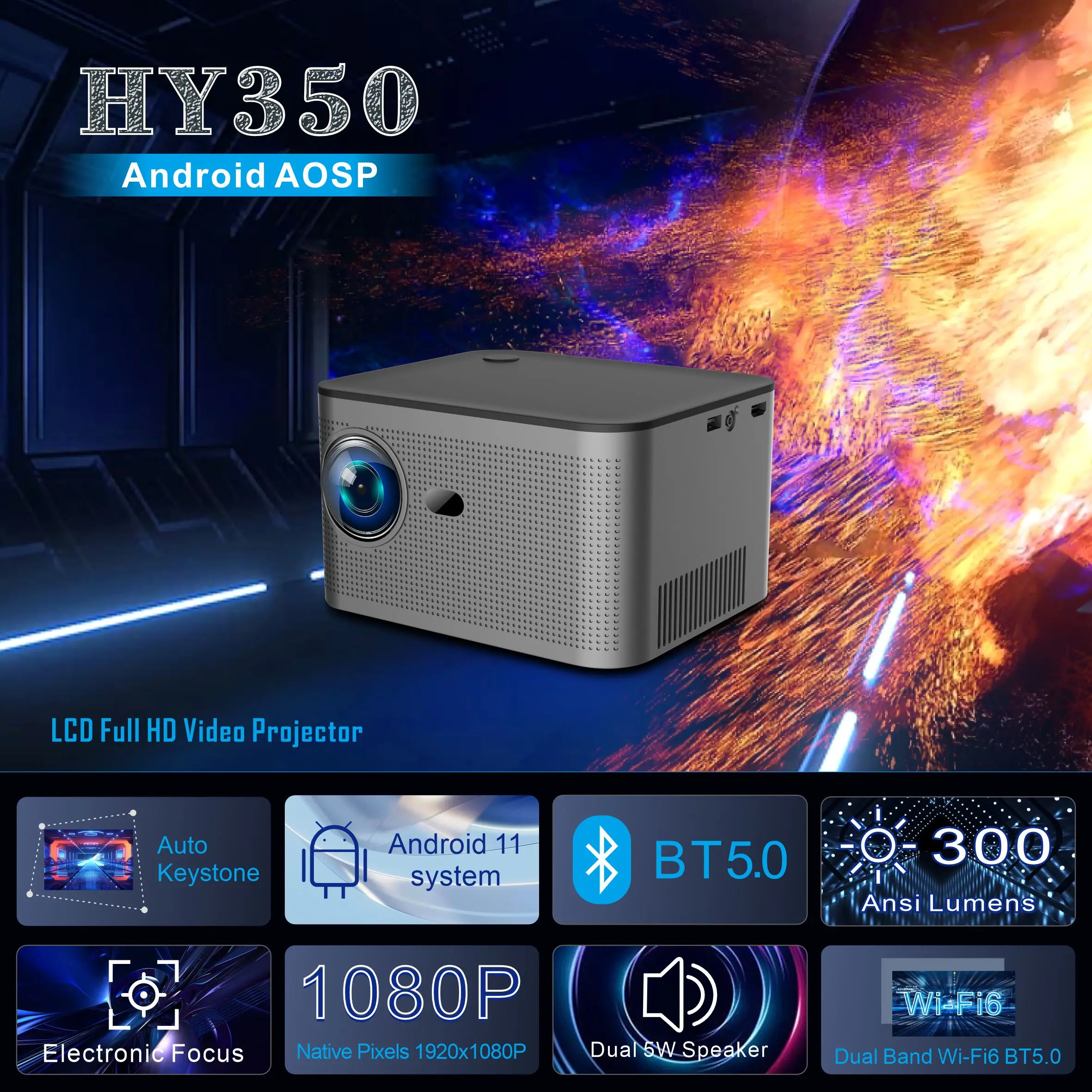 HY350 Home Projector | Native 1080p Full HD | 4K Support | 800 ANSI Lumens | Allwinner H713 Quad-Core 2GB 8GB | Hi-Fi Speaker |