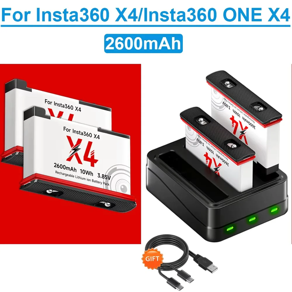 2600mAh High Capacity For Insta360 X4 Camera Battery+3-Slot LED Fast Charger For Insta360 ONE X4 Action Camera Accessories