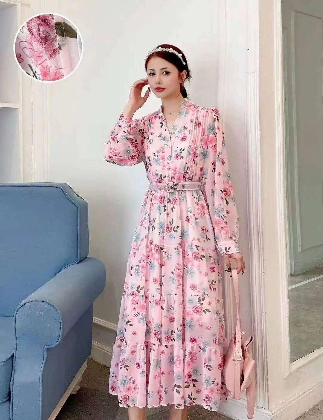 New Spring Autumn Women V-Neck Long Sleeve Belt Slim Long Dress Fashion Big Hem Sweet Floral Chiffon Dress