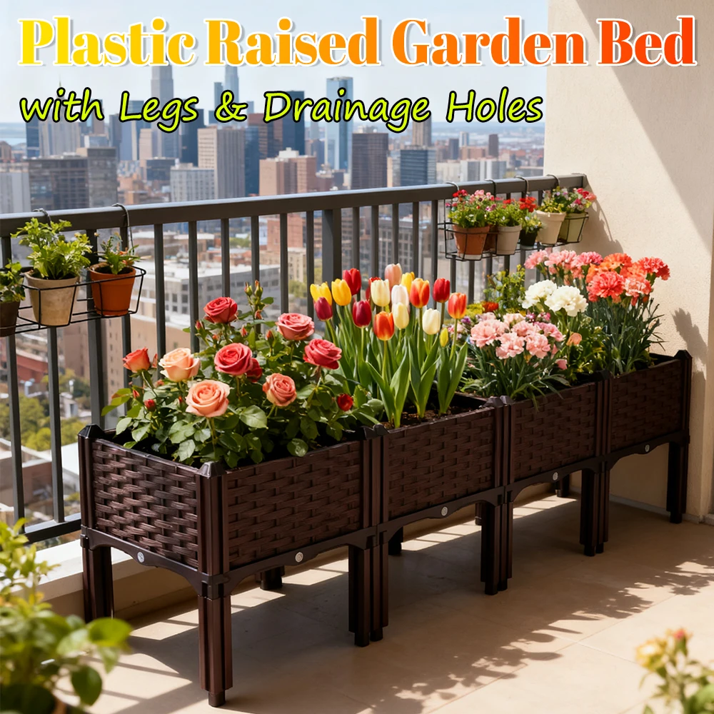 Cama de jardín elevada de plástico con patas, macetero elevado con orificios de drenaje para verduras, flores, tomate, hierbas, Patio, terraza, balcón