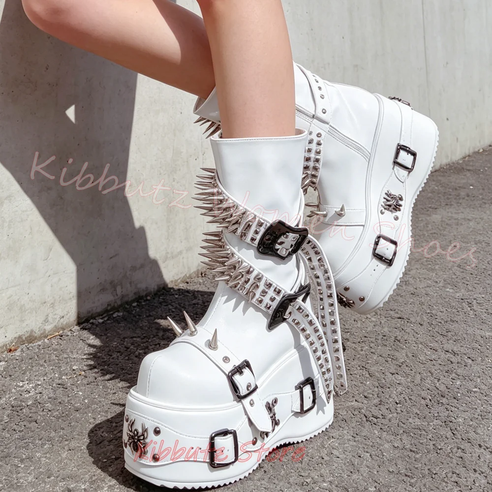 Womens Platform Ankle Boots Leather Multi Straps Spike Studs Side Zipper Thick Bottom Punk Gothic Motorcycle Boots Punk Rock New