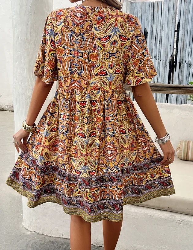 Vacation Dress Woman Casual Elegant Vintage Floral Print V-Neck Dress for Woman Elegant Casual A-Line Short Sleeved Y2K Dress